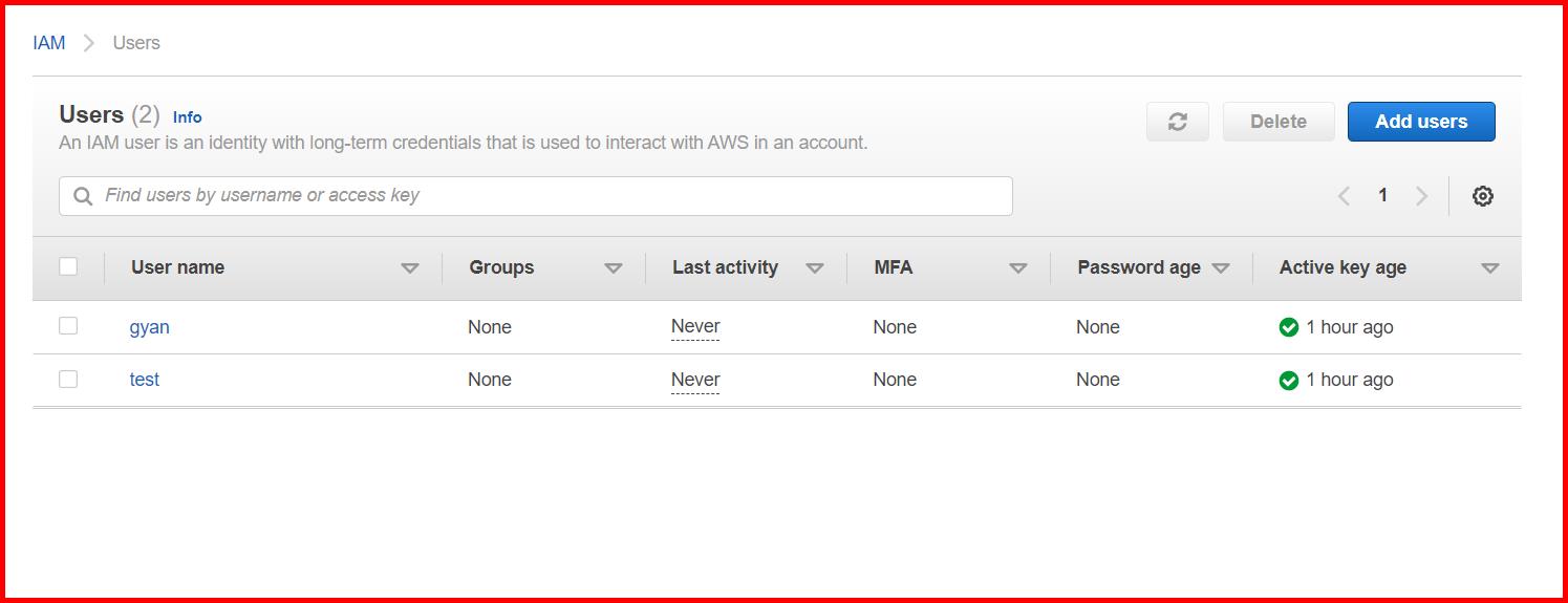 Picture showing 2 users created in AWS console